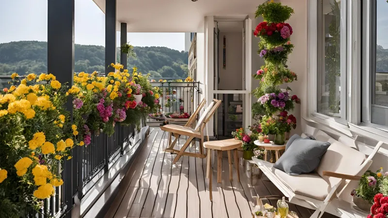 Arredi leggeri sul balcone fiorito